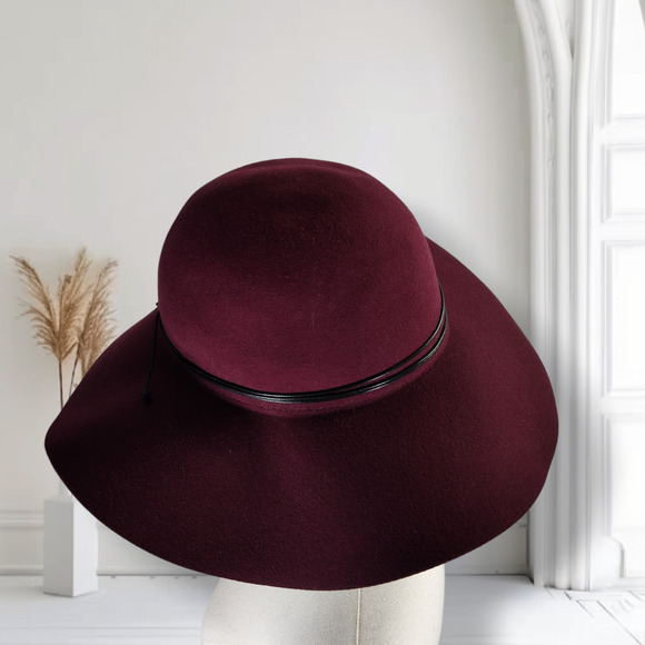 Anthropologie Burgundy Wool Felt Wide Brim Floppy Hat Cottagecore Romantic Boho main image 5